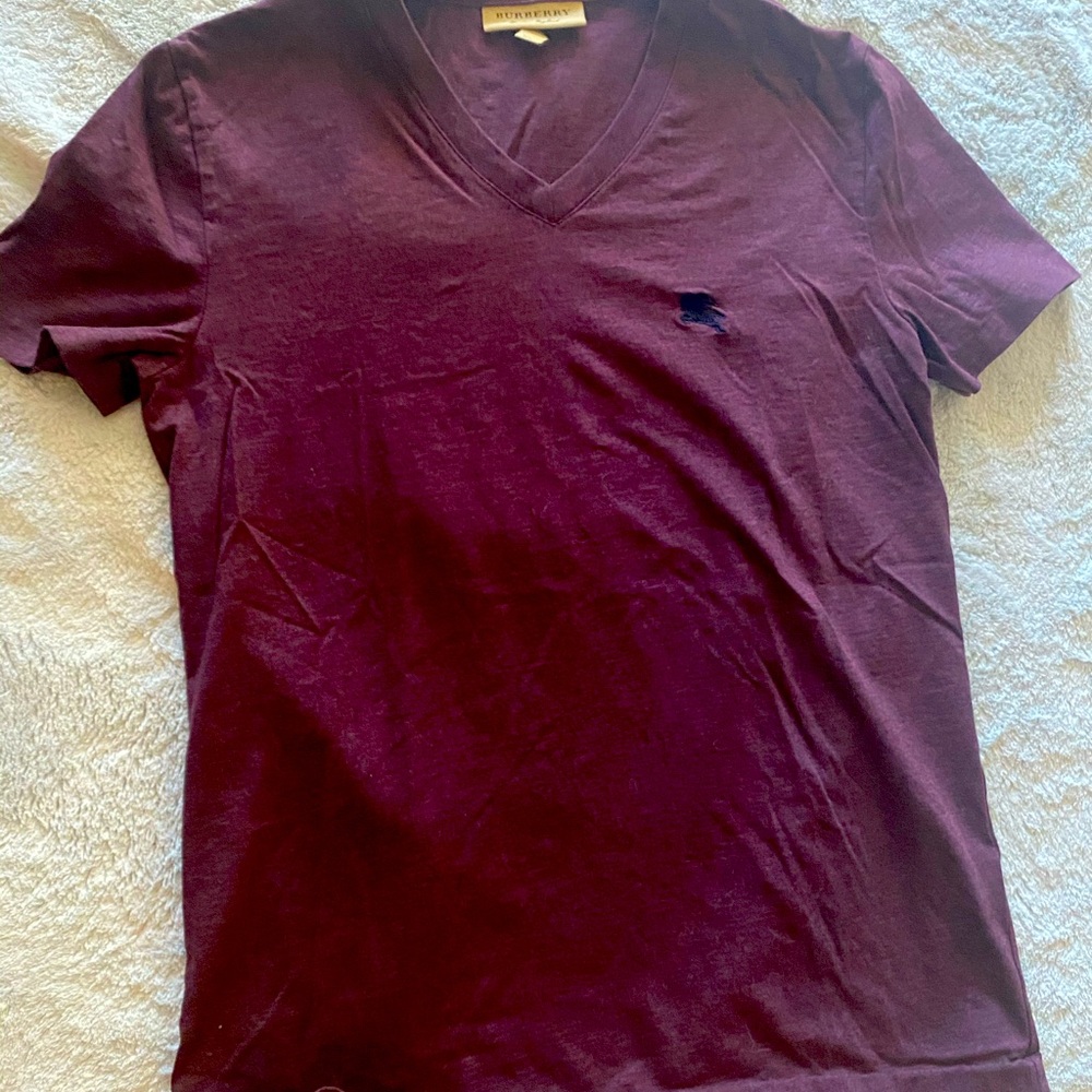 Burberry London Men's V-Neck Short Sleeve Tee in Burgundy with Black Logo